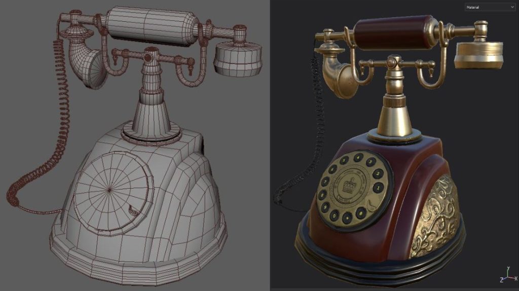 a 3d model of an antique telephone with cherry wood handle and brass metal